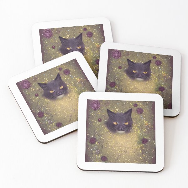 Item preview, Beautiful Fantasy Whimsical Cat Pastel Illustration with flowers and gold in background designed and sold by ManifestoDesign.
