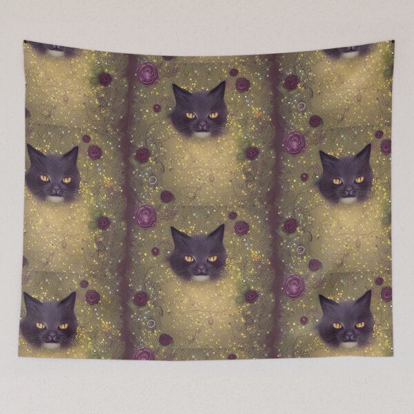 Item preview, Beautiful Fantasy Whimsical Cat Pastel Illustration with flowers and gold in background designed and sold by ManifestoDesign.