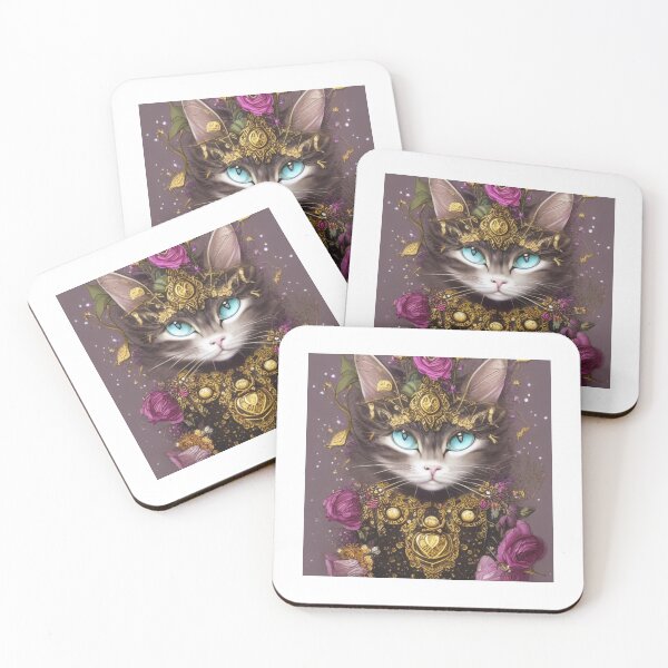 Item preview, Beautiful Fantasy Whimsical Cat Pastel Illustration with flowers and gold in background designed and sold by ManifestoDesign.