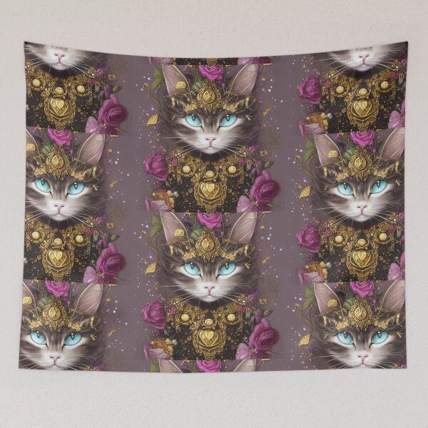 Item preview, Beautiful Fantasy Whimsical Cat Pastel Illustration with flowers and gold in background designed and sold by ManifestoDesign.