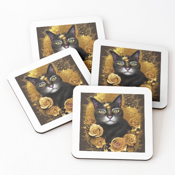 Item preview, Beautiful Fantasy Whimsical Cat Pastel Illustration with flowers and gold in background designed and sold by ManifestoDesign.