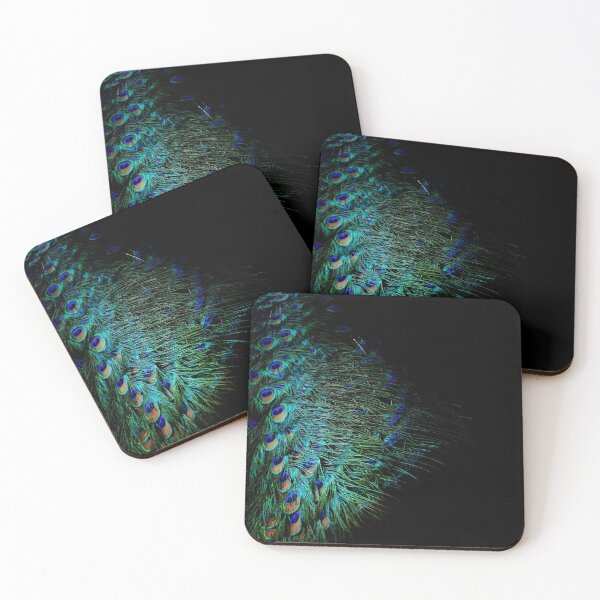Peacock feathers on a black background Coasters (Set of 4)