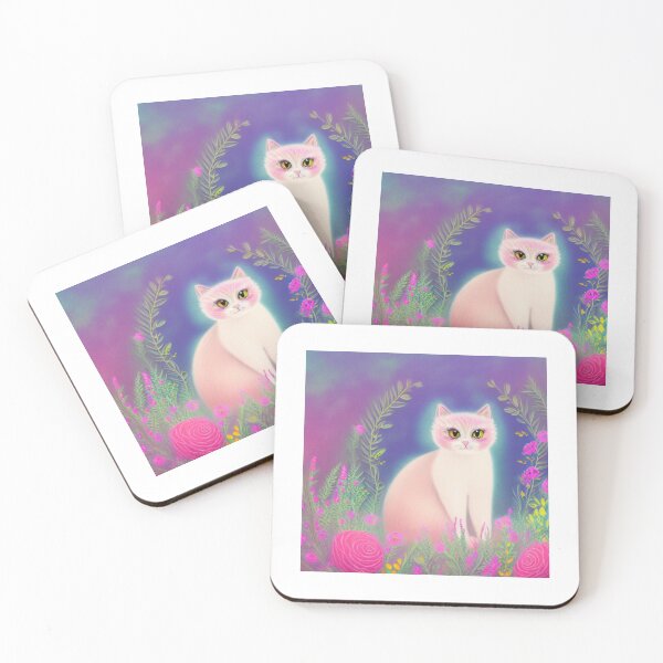 Item preview, Beautiful Fantasy Whimsical Cat Pastel Illustration with flowers in background designed and sold by ManifestoDesign.