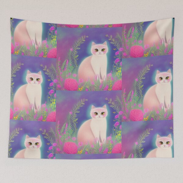 Item preview, Beautiful Fantasy Whimsical Cat Pastel Illustration with flowers in background designed and sold by ManifestoDesign.