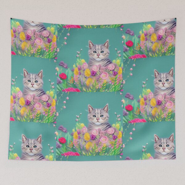 Item preview, Beautiful Fantasy Whimsical Cat Pastel Illustration with flowers in background designed and sold by ManifestoDesign.