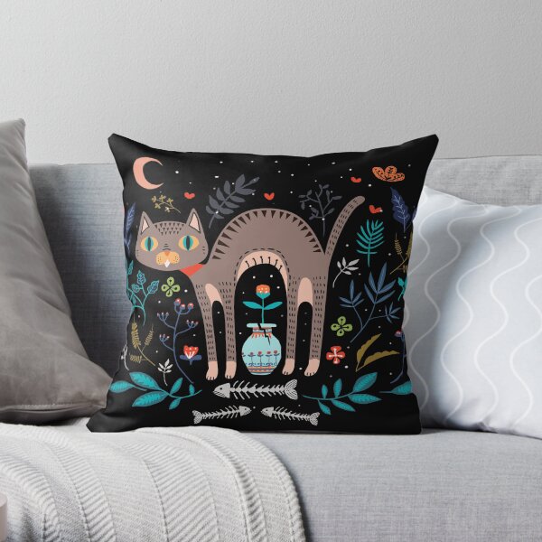 Floral and Cat at night Throw Pillow