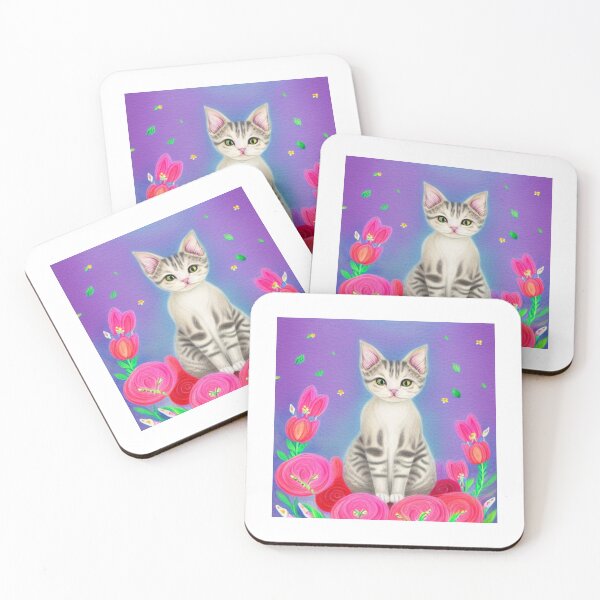 Item preview, Beautiful Fantasy Whimsical Cat Pastel Illustration with flowers in background designed and sold by ManifestoDesign.