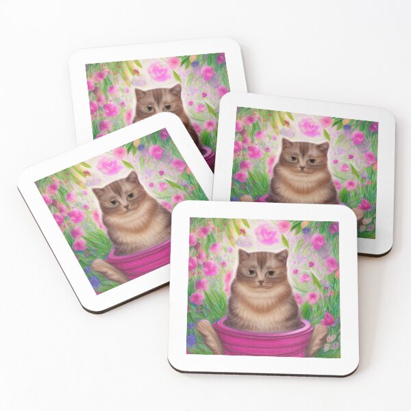 Item preview, Beautiful Fantasy Whimsical Cat Pastel Illustration with flowers in background designed and sold by ManifestoDesign.