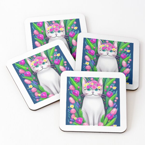 Item preview, Beautiful Fantasy Whimsical Cat Pastel Illustration with flowers in background designed and sold by ManifestoDesign.