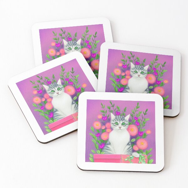 Item preview, Beautiful Fantasy Whimsical Cat Pastel Illustration with flowers in background designed and sold by ManifestoDesign.