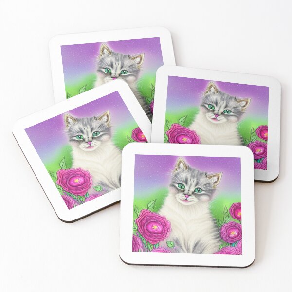 Item preview, Beautiful Fantasy Whimsical Cat Pastel Illustration with flowers in background designed and sold by ManifestoDesign.