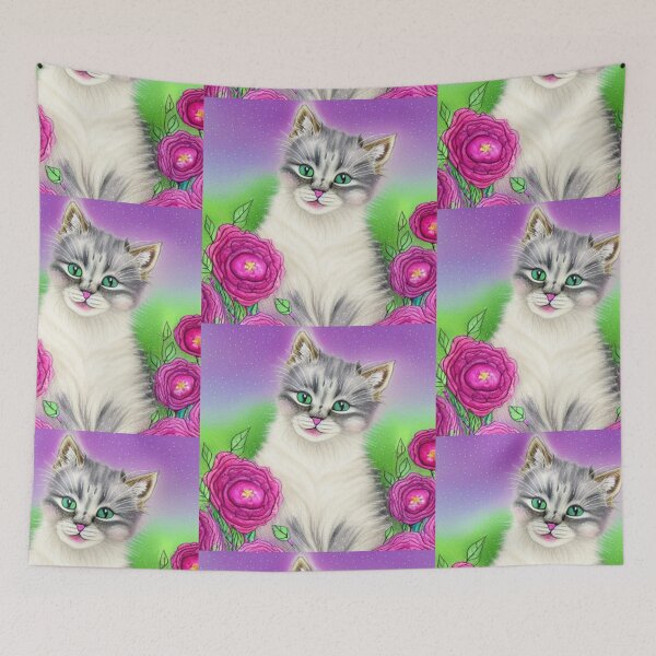 Item preview, Beautiful Fantasy Whimsical Cat Pastel Illustration with flowers in background designed and sold by ManifestoDesign.