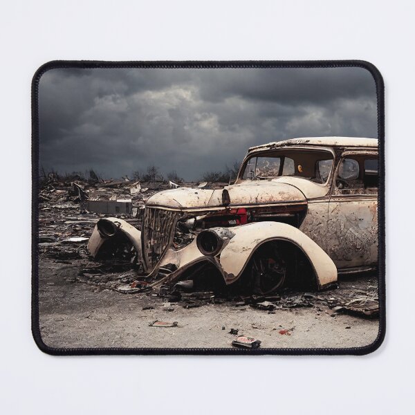 Item preview, Hot Rod Wreckage in a ruins of a Postapocalyptic World, a perfect gift for all American Industry fans designed and sold by RodZnRoll.
