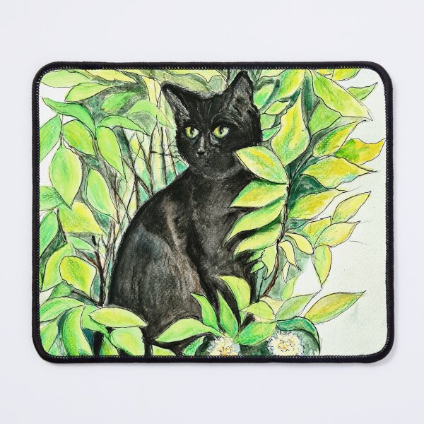 Item preview, black cat, stalking in the bushes, watercolour painting designed and sold by OilPaintsHatts.