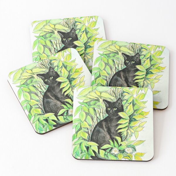 Item preview, black cat, stalking in the bushes, watercolour painting  designed and sold by OilPaintsHatts.