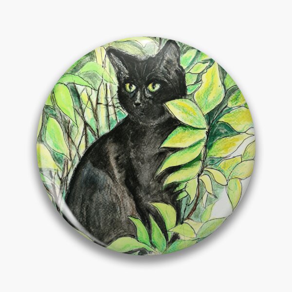 Item preview, black cat, stalking in the bushes, watercolour painting  designed and sold by OilPaintsHatts.