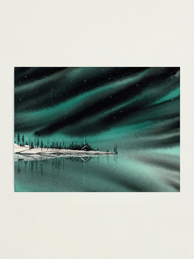 Thumbnail 1 of 3, Photographic Print, Northern Light Lake Cabin designed and sold by nakedpastor.