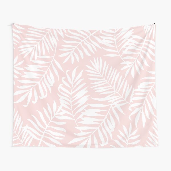 Tropical Palm Leaves - Pink & White Tapestry