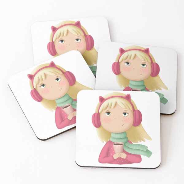 Item preview, New Year's illustration with a cute cartoon blonde girl with cocoa in her hands. A woman with headphones is holding coffee in her hands. Winter designed and sold by Kyb4ik.