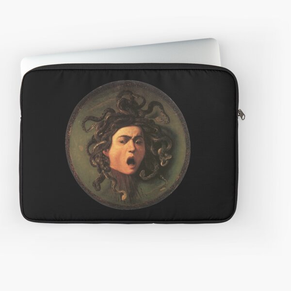 Medusa. Gorgon. Venomous snakes in place of hair. Monster. Greek Mythology. Michelangelo, Caravaggio. on BLACK. Laptop Sleeve