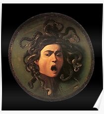 Medusa, venomous snakes in place of hair, Michelangelo, Gorgon, monster, Greek Mythology, Caravaggio, on BLACK. Poster