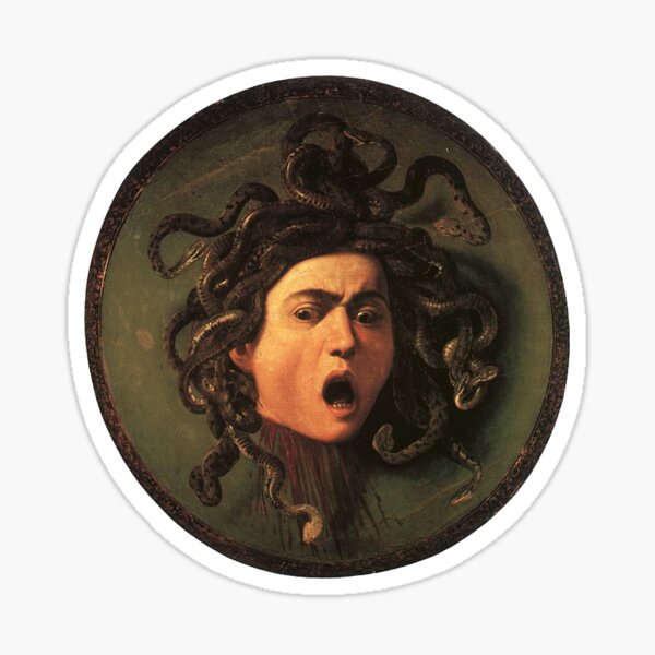 Medusa, venomous snakes in place of hair, Michelangelo, Gorgon, monster, Greek Mythology, Caravaggio, on BLACK. Sticker
