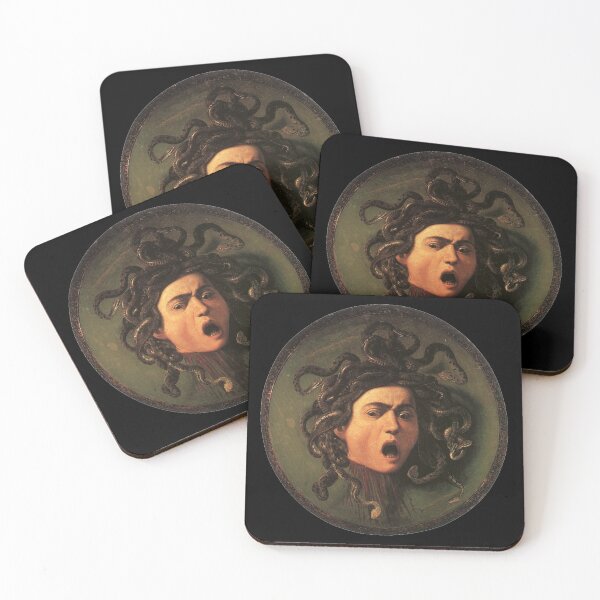 Medusa. Gorgon. Venomous snakes in place of hair. Monster. Greek Mythology. Michelangelo, Caravaggio. on BLACK. Coasters (Set of 4)