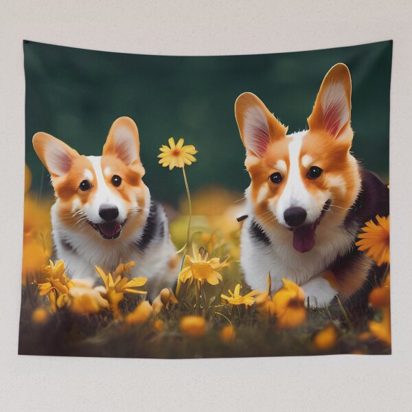 Item preview, Happy Corgis In Sunflower Field designed and sold by Paint-of-Heart.