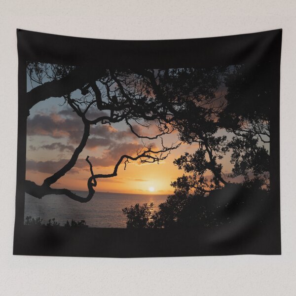Item preview, Sunrise over coast framed by silhouette foliage of pohutukawa tree on edge of slope. designed and sold by Brian Scantlebury.