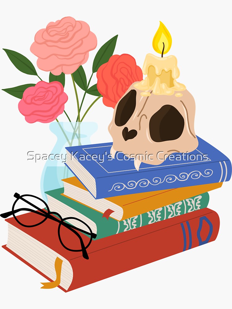 Dark Academia Skull on Stack of Books Sticker for Sale by easears