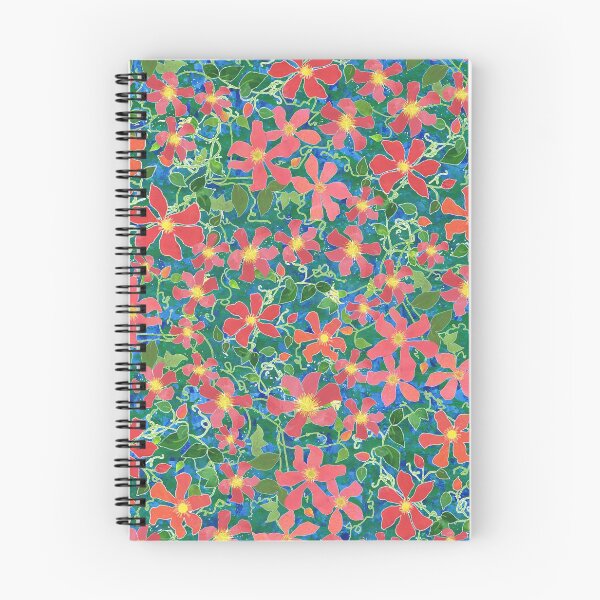 Item preview, Clematis Pink, Red, Orange Floral on Textured Sea Blue designed and sold by Judy Adamson.