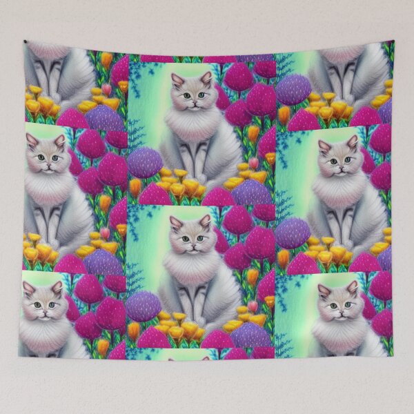 Item preview, Beautiful Fantasy Whimsical Cat Pastel Illustration with flowers in background designed and sold by ManifestoDesign.