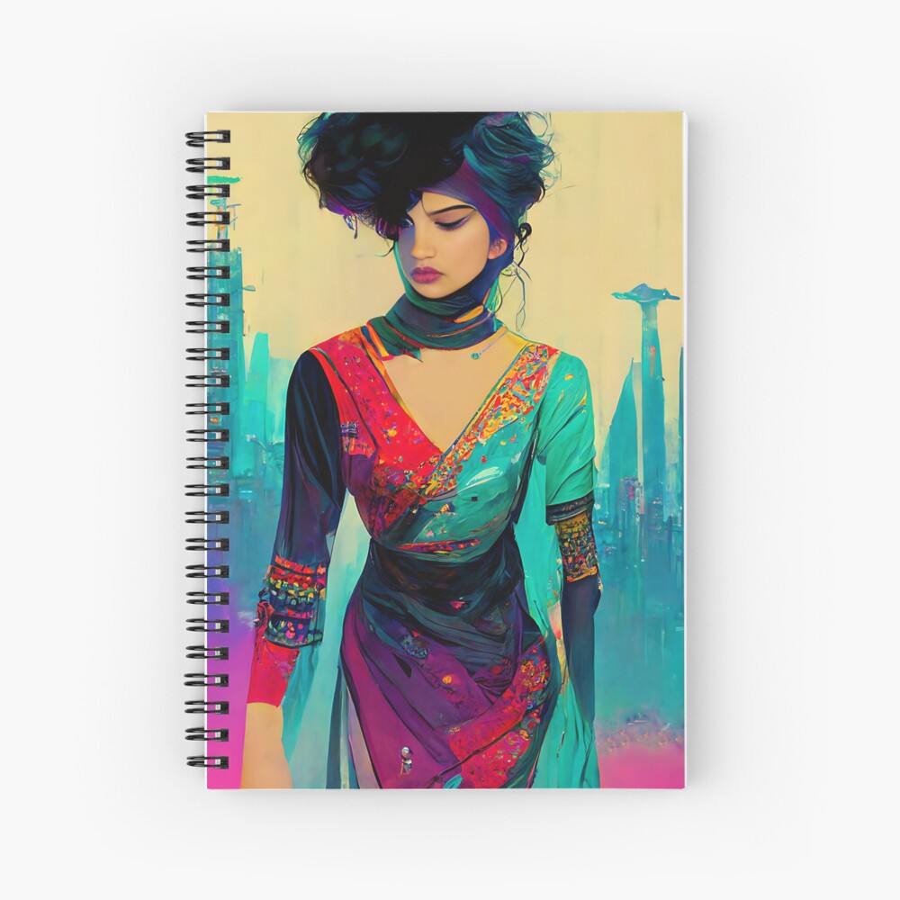 "Baig Karachi 1986 Cyberpunk Woman in Futuristic City Retrofuturism Painting 80s