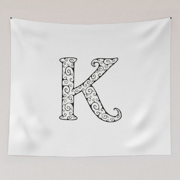 Item preview, Capital Letter K - black line drawing spirals - white background designed and sold by Krista Robertson.