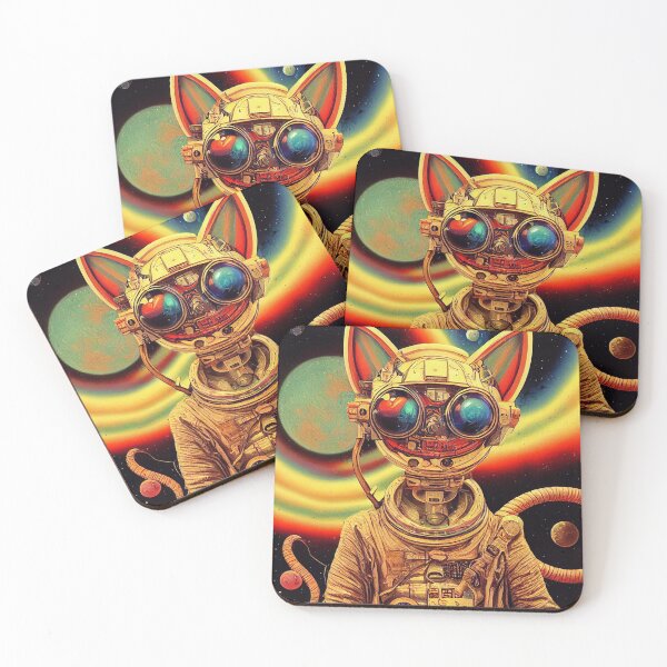 Item preview, Vintage poster astronaut cyber cat, planets, and rainbow designed and sold by ladarkepoque.