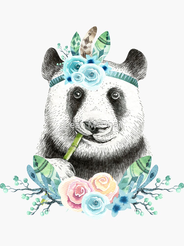 Watercolor Floral Spray Boho Panda by LeahMcPhail