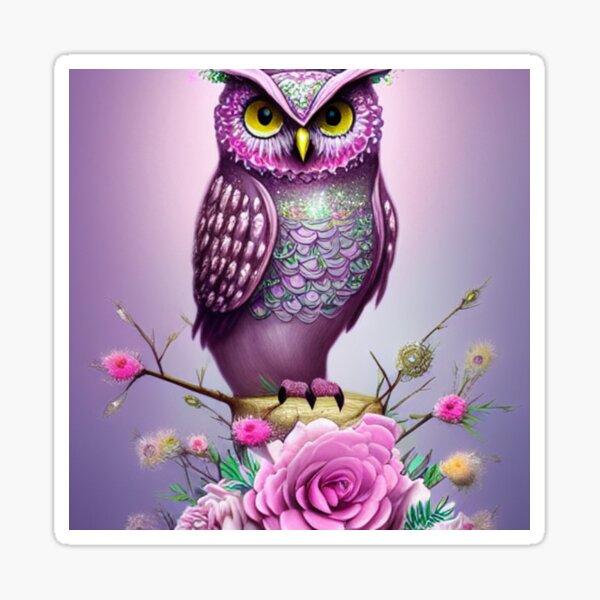 "Beautiful Whimsical Owl Oil Painting with flowers in background