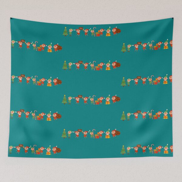 Item preview, Seven Christmas Elves Wishing Merry Christmas Teal color background designed and sold by DigitalMandy.