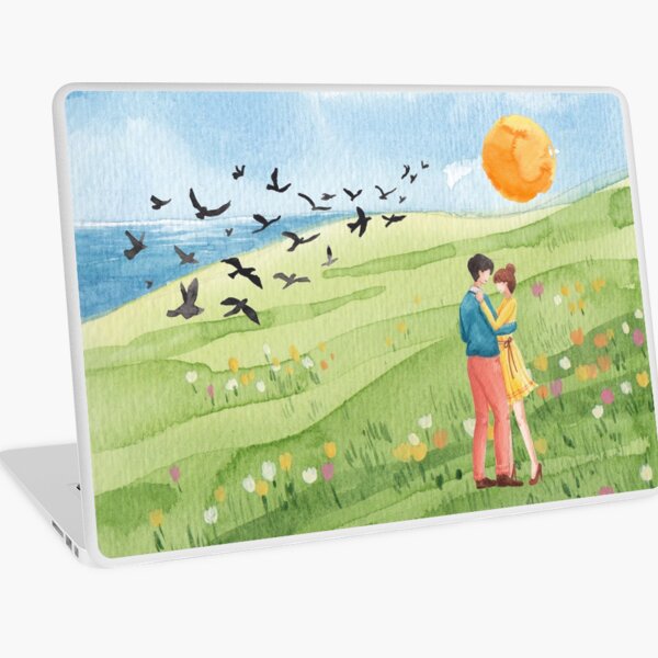 Watercolor Perfect Day with Couple In Love on Flower Meadow Laptop Skin