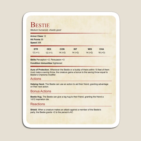 Aperçu de l'œuvre Cadeau de bloc de statistiques D&D Bestie créée et vendue par sunburstrpg.