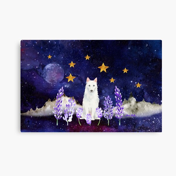  Magical dreamy night for wild spirits / Violet illustration with lavender, starry sky and husky dog  Canvas Print