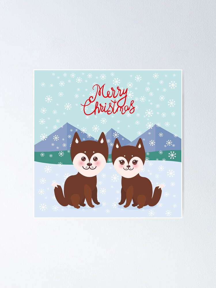 Poster Conception De Carte Joyeux Noel Nouvel An Kawaii Drole Chien Husky Brun Visage Avec De Grands Yeux Et Les Joues Roses Garcon Et Fille Fond De Flocons De Neige Paysage