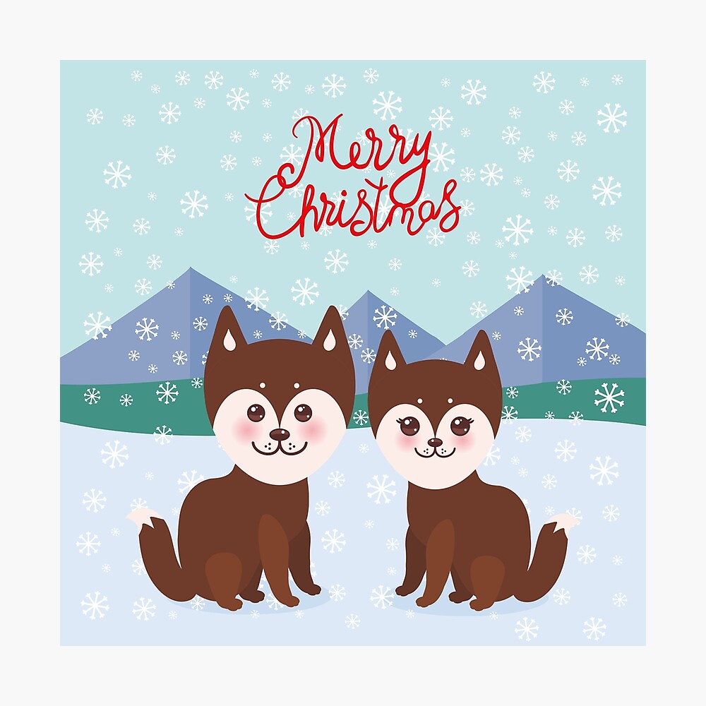 Poster Conception De Carte Joyeux Noel Nouvel An Kawaii Drole Chien Husky Brun Visage Avec De Grands Yeux Et Les Joues Roses Garcon Et Fille Fond De Flocons De Neige Paysage