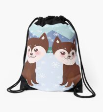 Merry Christmas New Year's card design Kawaii funny brown husky dog, face with large eyes and pink cheeks, boy and girl, mountain landscape snowflakes background Drawstring Bag