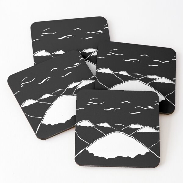 Item preview, Whimsical Snowy Mountaintops with Wispy Clouds in Black and White relief carving (updated) designed and sold by robinyukiko.