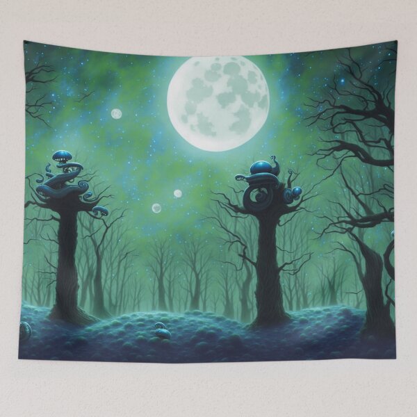 Item preview, Moonlit and foggy alien planet landscape with little alien snails designed and sold by BrachiaST.