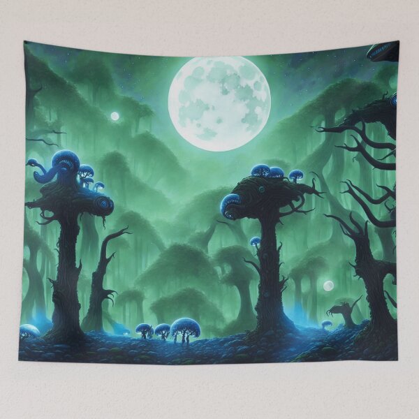 Item preview, Moonlit and foggy alien landscape with little slug-trees designed and sold by BrachiaST.