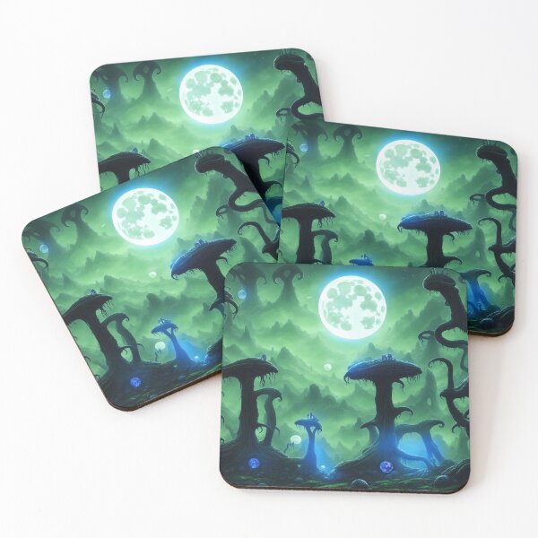 Item preview, Moonlit and foggy alien planet landscape with glowing planetoids designed and sold by BrachiaST.