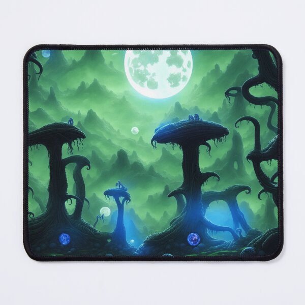 Item preview, Moonlit and foggy alien planet landscape with glowing planetoids designed and sold by BrachiaST.