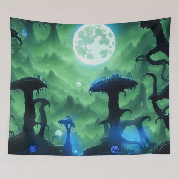 Item preview, Moonlit and foggy alien planet landscape with glowing planetoids designed and sold by BrachiaST.